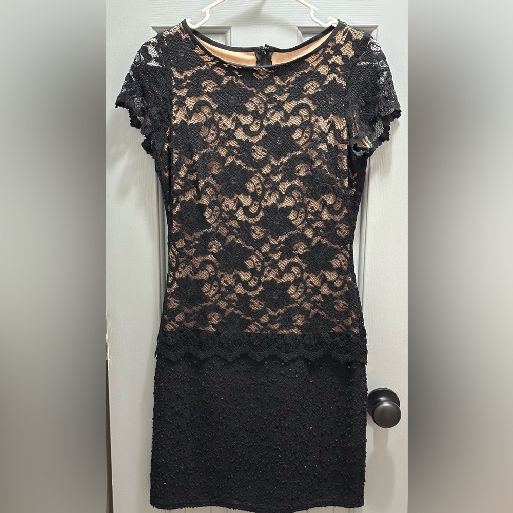Joseph Ribkoff Women’s Black Lace Sequin Dress Nude Style 143447 Size 6